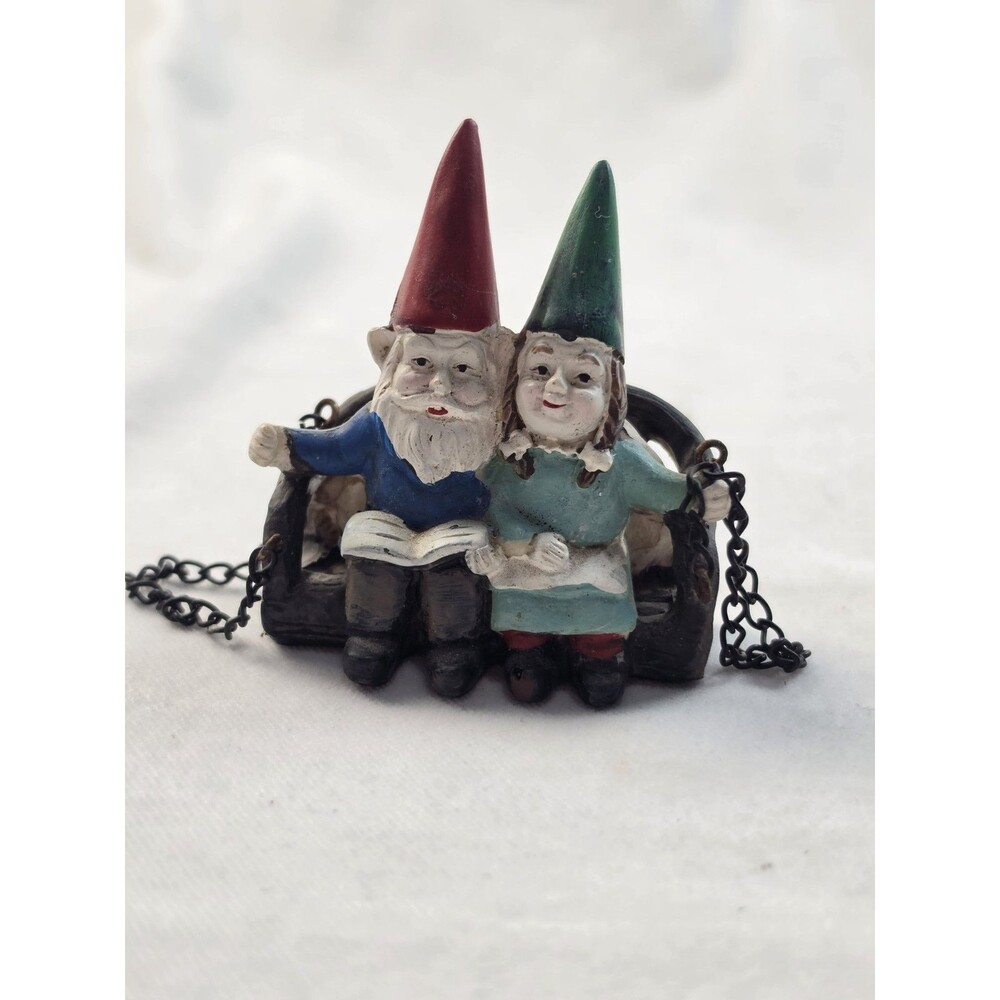 Miniature Gnome Couple Sitting on Bench Swing Fairy Garden Figurine